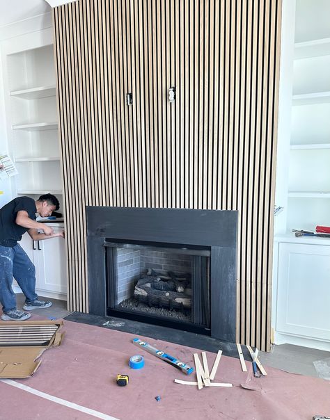 Major renovations transpiring in this Woodstock home! The CCFF team has been installing tambour accents throughout 2023💫.. Tambour is very versatile & can be used as decorative accents, wall panels, backsplash, cabinets, & furniture! #tambour #homedesign #interiordesign #homeremodel #livingroom #livingroomgoals Tambour Wall, Heights House, Portland House, Trim Ideas, Rose House, Fireplace Built Ins, Living Room Goals, Wall Trim, Tv Wall Design