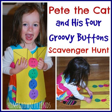 Get moving with this fun Pete the Cat Scavenger Hunt!  My kids kept asking to play again and again!  I love that it is easy to create! Pete The Cat Buttons, Cat Activities, Letter Learning Activities, Pete The Cats, Cat Activity, Preschool Literacy, Creative Curriculum, Pete The Cat, Counting Activities