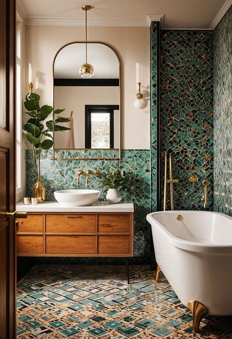 Mid Century Aesthetic Art, Bathroom Design Ideas 2024, 2025 Bathroom Tile Trends, Mid Modern Bathroom, Jungalow Bathroom, Earthy Coastal, Forest Bathroom, Aesthetic Bathroom Ideas, Boho Chic Bathroom