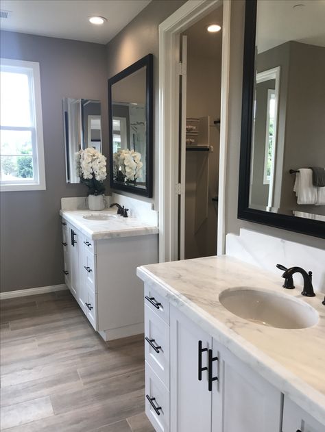 Bathroom Remodel His And Her Sinks, Seperate Sinks Master Bath, Separate Sinks In Master Bath, Bathroom 2 Sink Vanity Master Bath, His And Her Sinks Master Baths Farmhouse, Double Sink Separate Vanity, His And Her Sinks With Makeup Vanity, Bathrooms With Two Sinks, Bathroom With His And Her Sinks