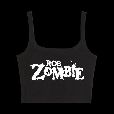 Slim Fit Cropped Cami Tank Top - Rob Zombie Made from recycled cotton and spandex, these crop tops are super soft and stretchy, perfect for the heaviest metal festival, a romp through the forest, or simply relaxing in your lair. Each top is uniquely printed just for you, which not only assures you have a one-of-a-kind piece of metal flair, but also helps to reduce overproduction - a thoughtful purchasing decision! Additionally, since items are made to order, they cannot be returned, so double-check the sizing guide to make sure you get the right fit. If you're in between sizes, we recommend sizing up. We offer an array of vinyl colors and options for glitter finishes. The high-quality vinyl moves with the shirt, ensuring comfort and durability. Wash item inside out in cold water and hang t Rob Zombie Logo, Zombie Logo, Groove Metal, Rob Zombie, Cropped Cami, Metal Logo, Vinyl Colors, Recycled Cotton, Womens Tank