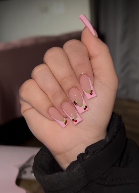 Mexican Culture Nails, Cute Nail Designs Coquette, Nails With Pink French Tip, Cherry Pink Nails, Square Cherry Nails, Rare Nail Designs, Medium Size Nails Acrylic, Tapered Square Nails Short, Nail Ideas With Gems