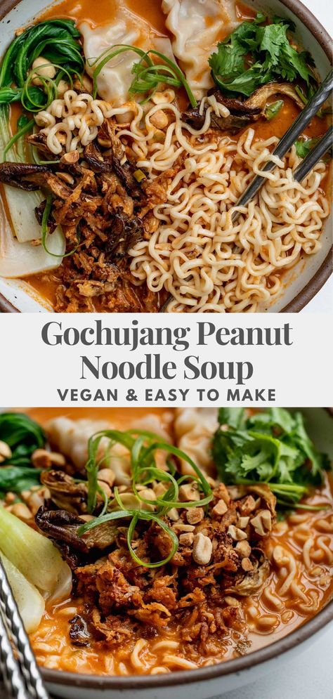 This gochujang peanut noodle soup uses a flavorful and effortless broth that pairs perfect with your favorite slurping noodles and dumplings. The perfect quick weeknight meal. Noodles And Dumplings, Spicy Bowl, Vegan Pasta Noodles, Noodles Soup, Peanut Soup, Vegan Ramen, Peanut Noodles, Vegan Lunches, Vegan Soups