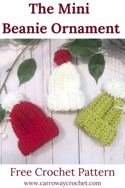 Mini Hat Crochet Free Pattern, Crochet Mini Hats Free Pattern, Mini Crochet Hat, Crochet Mini Hat, Beanie Ornament, Carroway Crochet, Small Beanie, Make An Ornament, Mini Beanies