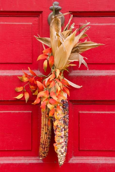 Break the wreath mold this season with creative door decor ideas that are sure to stun. Garden Gate Decor, Corn Decorations, Indian Thanksgiving, Front Door Baskets, Paper Dahlia, Diy Shutters, Indian Corn, Fall Door Decorations, Autumn Decorating