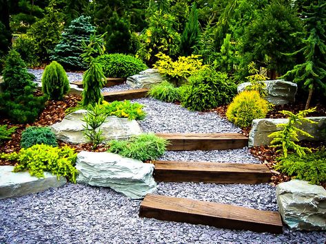 Japanese Garden Plants, Japanese Garden Decor, Japanese Plants, Small Japanese Garden, Japanese Garden Landscape, Zen Garden Design, Garden Stairs, Hillside Landscaping, Japanese Garden Design