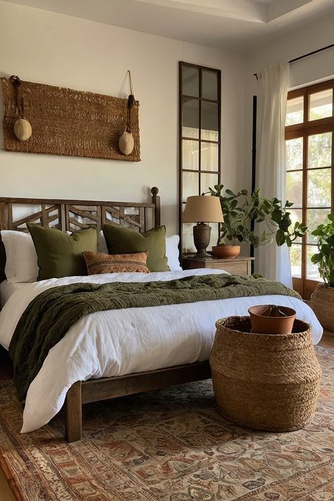 Down To Earth Bedroom, Earthy Home Decor Bedroom, Bedding Inspiration Cozy, Spanish Style Bedroom, Spanish Bedroom, Earthy Bedroom, Stil Boho, Woven Baskets, Redecorate Bedroom