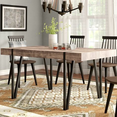 Union Rustic Dion Dining Table & Reviews | Wayfair 4 Dining Table, Table Wood Metal, Dining Table Wood, Industrial Dining Table, Industrial Dining, Smitten Kitchen, Counter Height Dining Table, Trestle Dining Tables, Solid Wood Dining Chairs