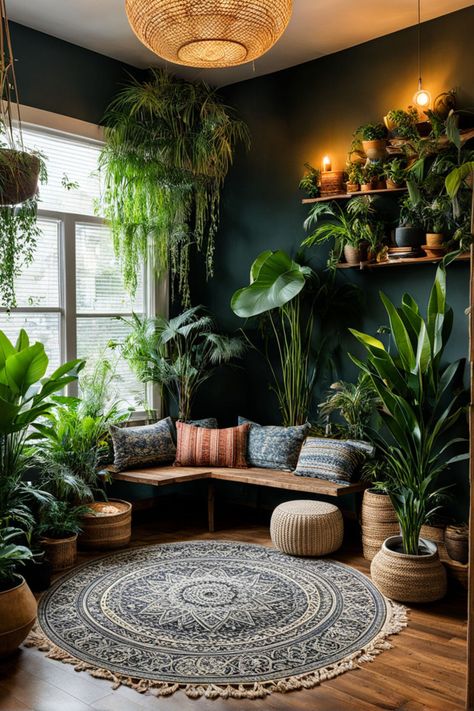 A dark reading corner with low light plants for decoration Rooms Filled With Plants, Zen Den Room Ideas, Dark Corner Decorating Ideas, Plant Rooms Ideas, Plant Corner Bedroom, Plant Lights Indoor Setup, Plant Corner Ideas, Room Plants Decor, Plants For Dark Rooms