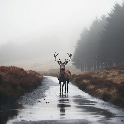 Photo one deer in the middle of a road i... | Premium Photo #Freepik #photo Rain Deer, Rain Deer Aesthetic, Deer In Headlights, Deer In Snow Aesthetic, Deer In Snow Photography, Deer In Winter Forest, Deer Photos, The Middle, Antlers