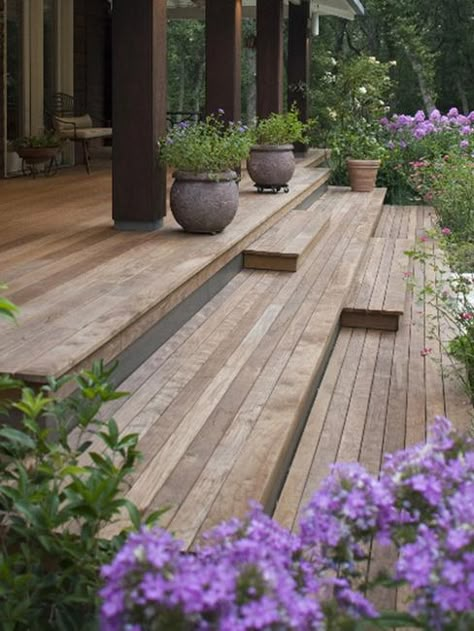 Outdoor Staircase Design, Modern Ideas and Materials Outdoor Staircase Design, Outdoor Staircase, Front Porch Planters, Terrasse Design, Staircase Design Modern, Wooden Deck, Deck Designs Backyard, Outdoor Stairs, Small Front Porches