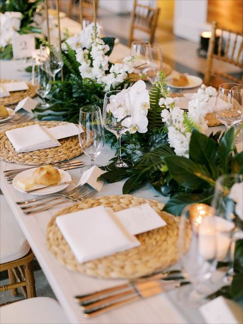 Tropical Wedding Table Decor Place Settings, Hawaiian Reception Ideas, Cancun Wedding Flowers, Tropical Wedding Round Table Decor, Green Tropical Wedding Theme, Green And White Tropical Wedding, Tropical Table Setting Wedding, Hibiscus Flower Wedding, Tropical Wedding Decor Ideas