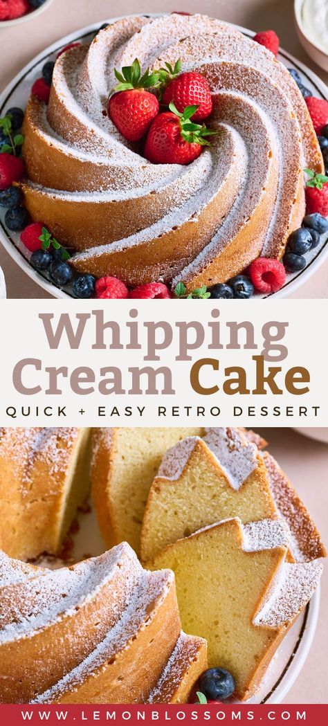 This Whipping cream cake aka Elvis Presley pound cake is a luscious cake that gets its extraordinary texture from heavy cream. Very moist, rich, and subtly sweet this is one of those vintage desserts that is making a comeback for a good reason. It's delicious! #lemonblossoms #baking Heavy Cream Cake, Whipped Cream Dream Cake, Recipes To Use Up Cream, Whipped Cream Pound Cake, Whipped Cream Cake Recipe, Whip Cream Recipe Desserts, Dessert Using Heavy Cream, Recipes Using Whipped Cream, Baseless Cream Cake