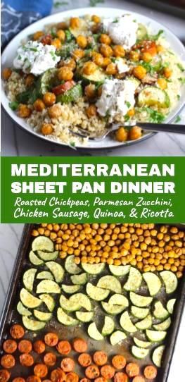 This Easy & Delicious Mediterranean SHEET PAN DINNER has hearty and satisfying chicken sausage, creamy and bright zucchini. and crispy nutty chickpeas.  Everything is infused with Mediterranean flavors from the garlic, oregano, and olive oil.  Serve over quinoa with a few dollops of seasoned Ricotta and you gotta one heck of a delicious dinner! #sheetpandinner #easydinner #healthydinner #familydinner #dinnerideas #onepandinners #30minutemeals #chickpeas #quinoa #glutenfree Quinoa Sausage Recipes, Mediterranean Dinner Ideas Easy, Easy Mediterranean Sheet Pan Dinner, Mediterranean Diet Sheet Pan Dinners, Spring Sheet Pan Dinners, Mediterranean Sausage Recipes, East Mediterranean Recipes, Mediterranean Sheet Pan Recipes, Mediterranean Diet Sheet Pan Recipes