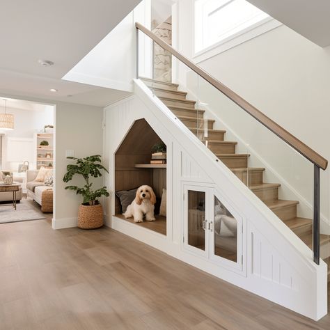 Dog House Under Stairs With storage cupboard Idea Image Dog Spaces Under Stairs, Dog Bed Under The Stairs, Dog Nook Under Stairs, Dog Area Under Stairs, Dog Under Stairs Spaces, Under Stairs Dog Room, Under The Stairs Dog House, Dog Room Under The Stairs, Dog House Under Stairs