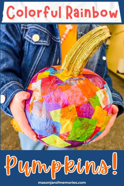 Simple Pumpkin Craft made from a pumpkin, Mod Podge, and squares of tissue paper. This pumpkin has an assortment of colored tissue squares is being help by a toddler wearing a dark blue jean jacket. Tissue Pumpkin Craft, Pumpkin Craft Ideas For Toddlers, Pumpkin Decorating For Preschoolers, Real Pumpkin Crafts For Kids, Pumpkin Decorating Ideas Preschool, Pumpkin Craft Toddler, Pumpkin Painting Preschool, Melted Crayon Pumpkin, Pumpkin Decorating Preschool