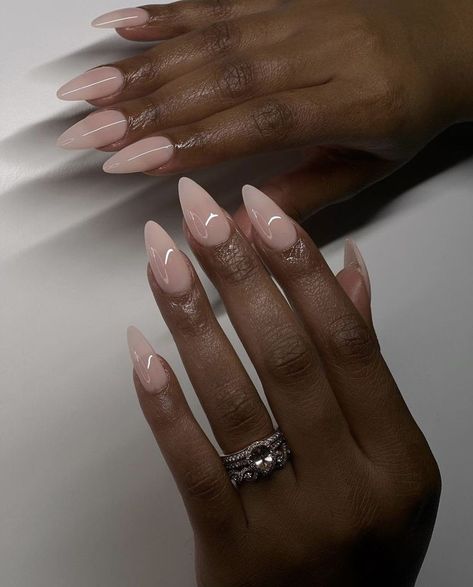 Bone Nail Color, Medium French Almond Nails, Pearlesant Nails, End Of Summer Almond Nails, Almond Nails With A Point, Simple Bridal Nails Designs, Long Pink Almond Nails, Simple Nails Stiletto, Almond Nails Long Baddie