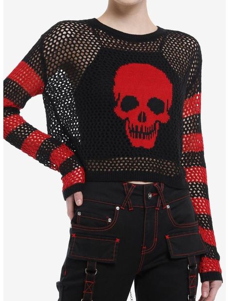 Punk Clothing Women, Emo Alternative Outfits, Social Collision Clothes, Skull Sweater Outfit, Horrorcore Outfits, Gore Clothes, Edgy Winter Outfits Grunge, Alt Winter Fashion, Black And Red Clothes