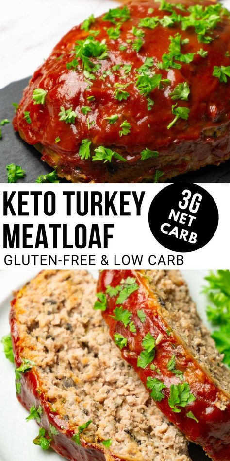 Two pictures showing turkey meatloaf with a ketchup glaze. Ground Turkey Breast Recipes, Keto Turkey Meatloaf, Low Carb Turkey Meatloaf, Gluten Free Turkey Meatloaf, Ground Turkey Meatloaf Recipes, Turkey Meatloaf Recipe Easy, Turkey Meatloaf Healthy, Healthy Thanksgiving Dinner, Turkey Meatloaf Recipe