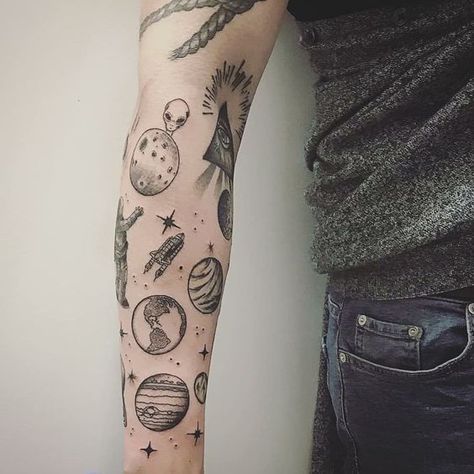 Space Tattoo Patchwork, Patchwork Space Tattoos, Space Themed Patchwork Tattoos, Space Patchwork Tattoo, Tattoo Add Ons, Space Filler Tattoo, Space Arm Tattoo, Space Themed Tattoos, Cosmic Tattoo Ideas