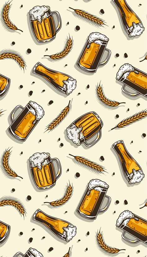 Colored seamless pattern wallpaper with craft beer mug with foam, bavarian barley for retro bar design #pattern #beer #mug #barley #wallpaper #craft #seamless #foam #barbecue #traditional #fork #wurst #october #food #design Beer Background Wallpapers, Beer Aesthetic Wallpaper, Beer Iphone Wallpaper, Beer Wallpaper Iphone, Retro Bar Design, Wallpaper Craft, Beer Drawing, Beer Wallpaper, Beer Background