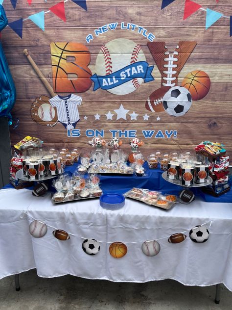 Sports Theme Table Decorations, Sports Themed Baby Shower Ideas For Boys, Sport Theme Baby Shower Ideas, Tailgate Baby Shower Theme, Sport Baby Shower Theme, Baby Shower Sports Theme Boy, All Star Baby Shower Ideas Boys, Sports Theme Baby Shower Ideas, Sports Baby Shower Theme For Boys