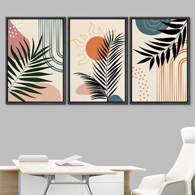 It is a professional decorations manufacturer, specializing in high-quality canvas, mural, and hanging poster wall art. We use industrial-grade inks to ensure our products do not fade over time. Our high-quality canvas art is printed using industry-standard ink. Our style varieties offer numerous different options to fit any taste or complement any setting. | IDEA4WALL Geometric Jungle Leaf - 3 Piece Floater Frame Graphic Art Set on Canvas White 36.0 x 72.0 x 1.5 in | Home Decor | SFTA3728_73721 Diy 3 Canvas Wall Art, 3 Canvas Painting Ideas Diy Wall Art, Boho Arts, Mid Century Modern Boho, Sketch Pen, Boho Painting, Canvas Set Of 3, 3 Piece Canvas Art, Minimal Prints