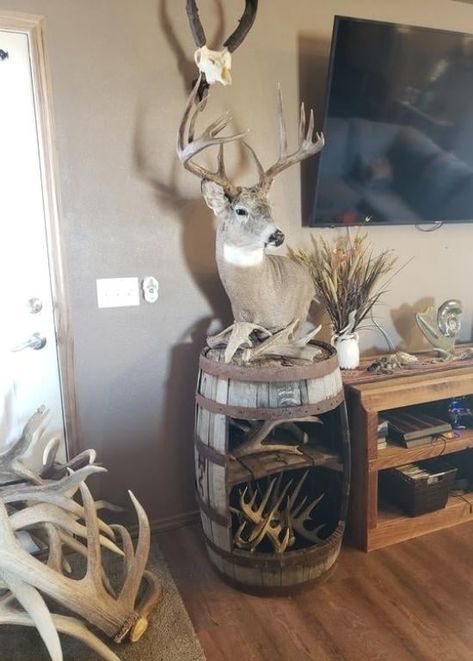 Whitetail Deer Shoulder Mounts, Whiskey Barrel Deer Mount, Pedestal Deer Mount, Deer Mounts In Living Room, Deer Pedestal, Hunting Room Design, Deer Shoulder Mount, Hunting Room Decor, Deer Mount Decor