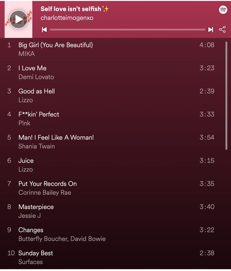 Self Love Playlist, Self Love Songs, Love Playlist, Playlist Names Ideas, Playlist Names, Names Ideas, Playlist Covers, Shania Twain, Music Mood