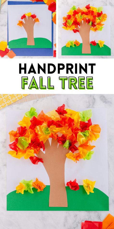 Fall Tree Craft For Preschoolers, Tissue Paper Fall Tree, Handprint Fall Tree, Tree Art Crafts For Preschoolers, Fall Tree Handprint Art, Leaves And Trees Crafts For Toddlers, Tissue Paper Leaf Craft, Autumn Leaves Activity For Kids, Tissue Paper Tree Craft