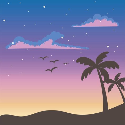 Cartoon sunset sky with tropical palm trees Beach Aesthetic Drawing, Sunset Animated, Sunset Cartoon, Cartoon Sunset, Thigh Pics, Drawing Sunset, Beach Cartoon, Vector Animation, Tropical Palm Trees