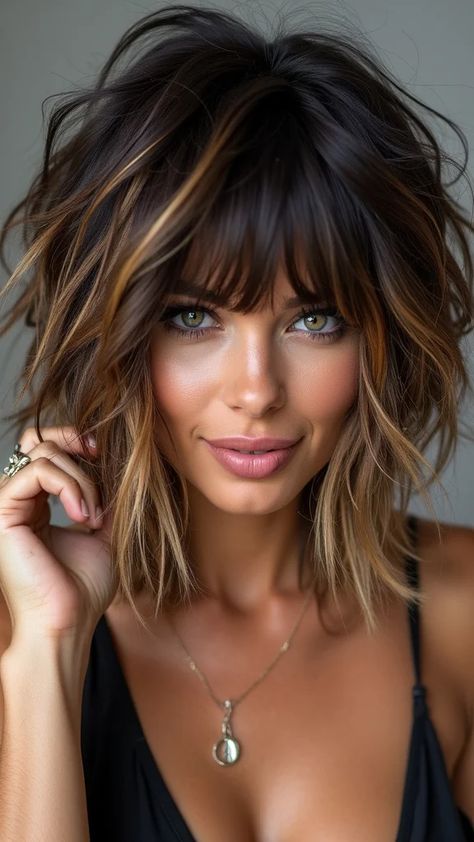 Bold Modern Shag Cut Shoulder Length Hair For Brunettes, Women Chin Length Hair, Kirstie Alley Hair, Wendy Moniz Hair, Medium Styles For Fine Hair, Hairstyles Shag Over 50, Short Dark Layered Hair, How To Style Medium Shag Haircuts, Shoulder Length Hair With Volume