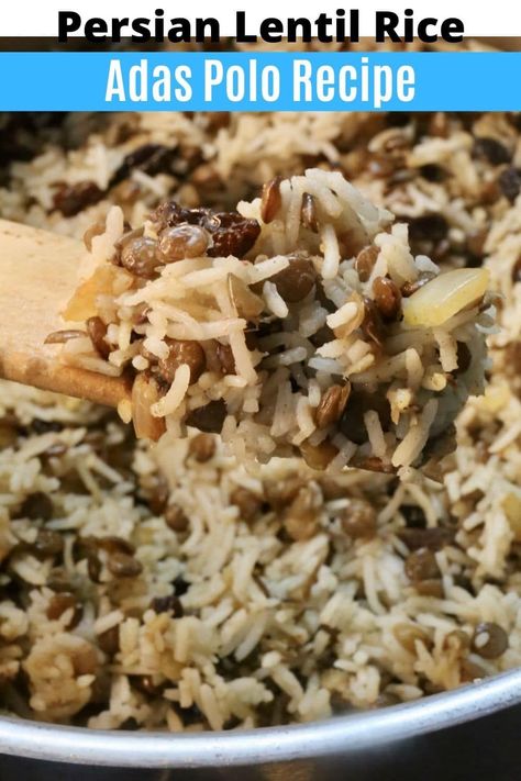 How to make the best homemade Adas Polo recipe. Our quick & easy Persian Lentil Rice is a popular side dish or entree in Iranian family kitchens. Tender lentils and fragrant basmati rice are cooked with sweet dried fruit, onion and Middle Eastern spices like saffron, cinnamon and cumin. We prefer using dates and raisins. You can make vegetarian or vegan Adas Polo Lentil Rice by substituting butter for vegetable oil and chicken stock for vegetable or mushroom broth. Persian Lentil Rice, Iranian Rice Recipe, Lentil Rice Pilaf, Adas Polo Recipe, Iranian Rice Persian Recipes, Canned Lentil Recipes, Lentil Rice Recipe, Afghani Recipes, Adas Polo