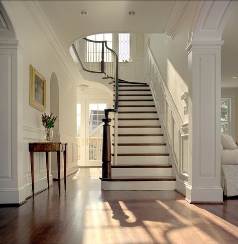 A traditional stair case painted in Benjamin Moore Linen White. Love how the natural light softly streams in through the windows, creates a beautiful, tranquil, diffused light filled entrance. Style Deco, Dream House Interior, House Goals, Pretty House, Staircases, Dream House Decor, House Inspo, Dream Home Design, Luxury Interior Design