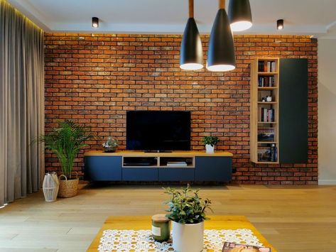 Brick Wall For Tv, Bricks Tv Wall Living Rooms, Brick Wall Tv Room Decor, Brick Wall Apartment Decor, Brick Wall Tv Unit Design, Brick Wall With Tv, Tv Wall Brick, Brick Wall Tv Unit, Brick Wall Interior Living Room Modern