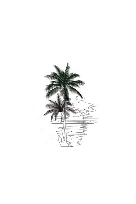 Long Island Tattoo Ideas, Beach Outline Tattoo, Beach Tattoo Stencil, Island Tattoo Men, Tropical Tattoo Ideas, Palm Tree Tattoo Design, Strand Tattoo, Tattoos Beach, Compass And Map Tattoo