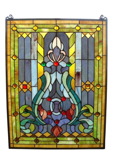 Features:  -Hanging chain included.  -319 Glass cuts .  -Tiffany collection.  Color: -Multi-colored.  Orientation: -Vertical.  Shape: -Rectangular.  Theme: -Floral. Dimensions:  Overall Height - Top t Victorian Stained Glass Panels, Stained Glass Blue, Victorian Windows, Wine Bottle Wall, Window Designs, Fine Art Lighting, Design Window, Stained Glass Window Panel, Tiffany Stained Glass