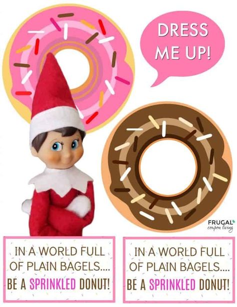 In a World Full of Plain Bagels, be a Sprinkled Donut! Isn't Elf SWEET in this Doughnut Elf Costume?!? Print it for use. Easy and funny Elf on the Shelf ideas. #frugalcouponliving #elfontheshelf #elfontheshelfprintable #elfontheshelfcostume #donut #donuts #doughnut #doughnuts #donutcostume #doughnutcostume #donutprintable #doughnutprintable Elf Donuts Printable, Crafts For Barbie, Donut Costume, Donut Printable, Sprinkled Donut, Elf Printables, Donut Ideas, Plain Bagel, Delicious Christmas Desserts