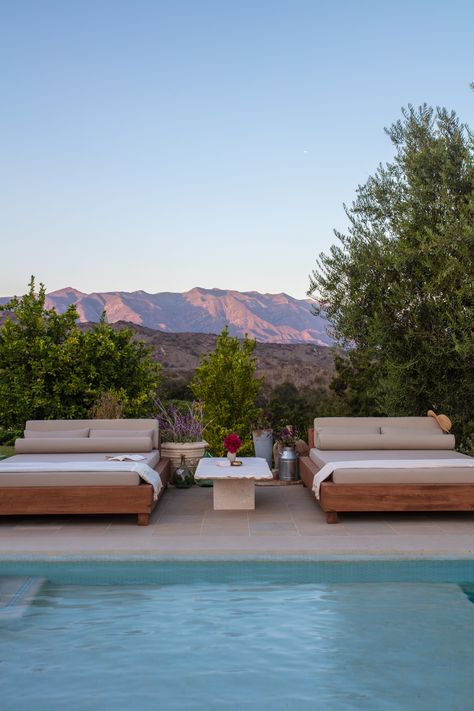 Poolside Lounging. Featuring the Ojai Daybeds. Chestnut Wood, Daybed Covers, Outdoor Daybed, Sunbrella Cushions, Marble Coffee Table, Sunbrella Fabric, Back Pillow, Lounge Chair Outdoor, Outdoor Lounge