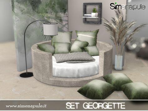 The Sims Resource - Set Georgette Sims 4 Cc Round Bed, Sims 4 Round Bed, The Sims 4 Bed Cc, Sims4 Bedroom, Bedroom Minimal, Sims 4 Beds, Magazine Wall, Round Bed, Pouf Chair