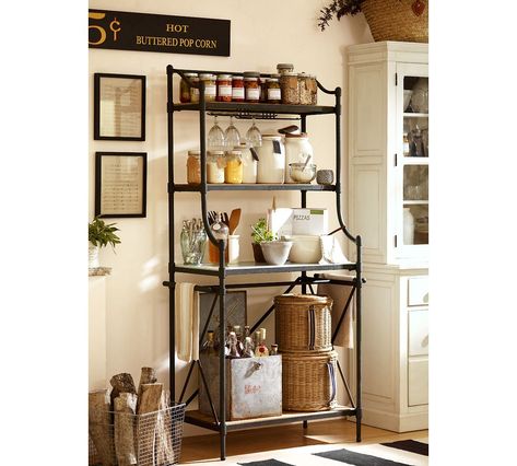 10 Clever Ways to Use Baskets Bakers Rack Ideas, Bakers Rack Decorating, Kitchen Bakers Rack, Contemporary Kitchen Tables, Small Coffee Bar Ideas, Small Coffee Bar, Kitchen Utensil Rack, Hanging Wine Glass Rack, Wine Glass Storage