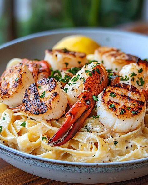 Cajun Lobster, Crab, and Salmon Alfredo Seafood Alfredo Pasta Recipes, Lobster Tail Pasta Recipe, Seafood Alfredo Pasta, Crab Pasta Recipes, Salmon Alfredo, Lobster Pasta Recipe, Crab Alfredo, Crab Spaghetti, Seafood Alfredo