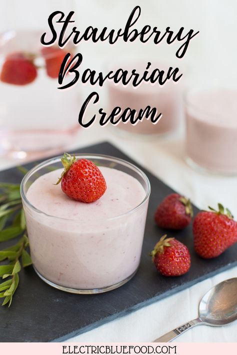 Strawberry Bavarian cream; a mousse-like no bake dessert with strawberries, whipped cream and gelatin. Strawberry Bavarian Cream, Strawberry Bavarian, Cream And Strawberries, Pastry Ideas, Food Deserts, Bavarian Cream, Fruit Cream, Strawberry Dessert, Fruit Salsa