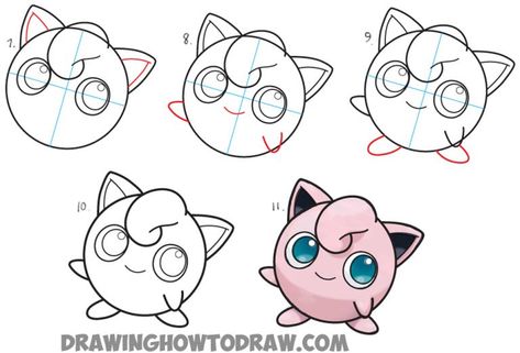 Learn How to Draw Jigglypuff from Pokemon - Simple Steps Drawing Lesson for Kids How To Draw Jigglypuff, Draw Pokemon Characters, How To Draw Pokemon Characters, Pokemon How To Draw, How To Draw Pokémon, Pokemon Characters Drawings, Simple Cartoon Art, Easy Pokemon Drawings, Steps Drawing