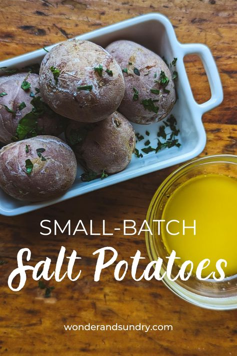 If you've never tried Salt Potatoes, you'll wonder where they've been all your life. Hailing from Syracuse, New York, Sal Potatoes are so good that they have their own historical marker. They are super simple to make and produces the creamiest, most delicious potato you'll ever eat. This version makes enough for you to go back for more, and trust me, you will! Click for the small-batch Salt Potatoes recipe and get even more ideas for vegetable and side-dish recipes on Wonder & Sundry! Syracuse Salt Potatoes, Salt Potatoes, Salted Potatoes, Syracuse New York, Vegetable Side Dishes Recipes, Potato Vegetable, Recipe Binder, Creamy Potato, Get Even