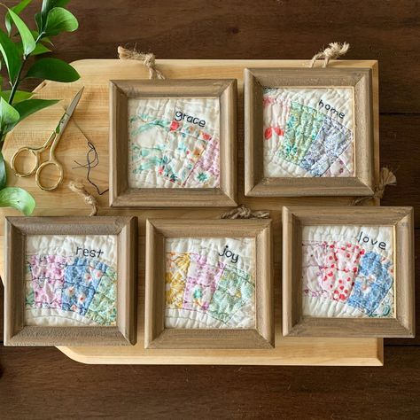 Crafts With Old Quilt Pieces, Vintage Quilt Squares Repurposed, Heirloom Quilts Ideas, Framed Quilt Pieces, Repurposed Old Quilts Ideas, Vintage Quilt Craft Ideas, What To Make Out Of Old Quilts, Ideas For Old Quilts, Using Old Quilts For Crafts