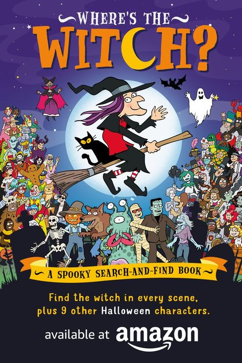 Halloween children's book showing a witch riding a broomstick and lots of other spooky characters; werewolves, ghosts, vampires, mummies, etc. Hidden Object Game, Halloween House Party, Search And Find, Interactive Activities, The Witch, The Witcher, Used Books, Early Learning, Paperback Books