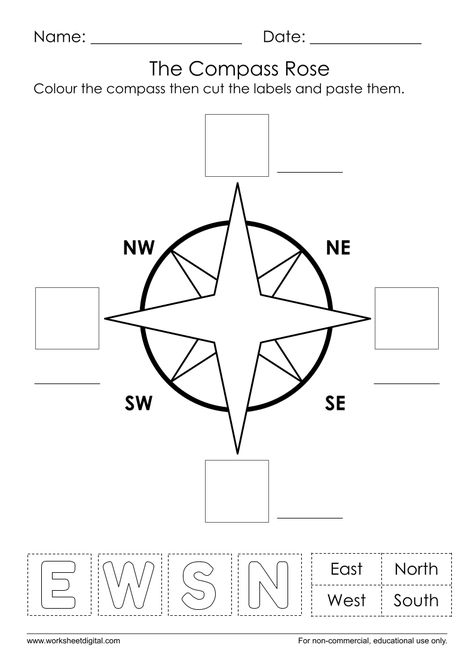 Science Worksheets For Kindergarten, Map Skills Worksheets, Simple Compass, Compass Directions, North South East West, Map Worksheets, Mathematics Worksheets, Cut And Paste Worksheets, Map Compass