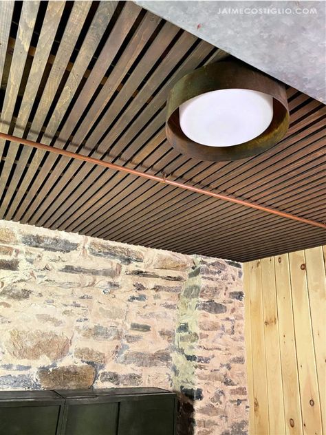 Basement Bathroom Decor, Cloth Ceiling, Easy Basement Ceiling, Slat Ceiling, Basement Ceilings, Basement Diy, Wood Slat Ceiling, Ceiling Painted, Bathroom Remodel Plans