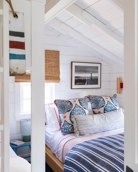 Summer isn’t over yet! Ocean hues, soft linens and seaside accents create a cozy retreat for guests at our Beach Cottage project. Lakehouse Bedroom, Lake House Interior, Beach House Bedroom, Ocean Hues, King Design, Bedroom Bedding, Bedding Pillows, Coastal Bedrooms, Seaside Cottage